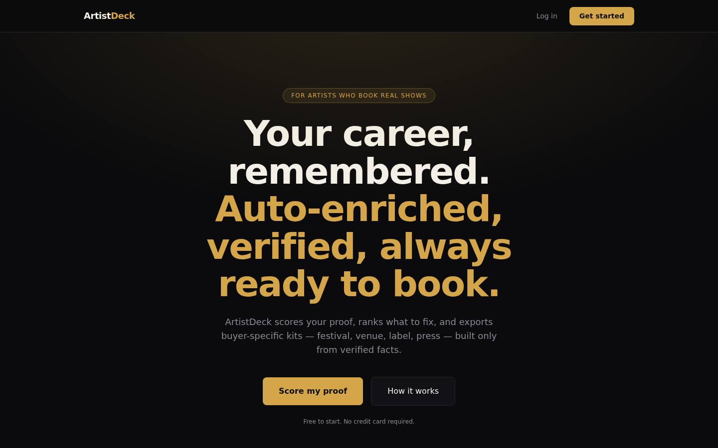 ArtistDeck landing page on a dark background, headline reading "Your career, remembered. Auto-enriched, verified, always ready to book."